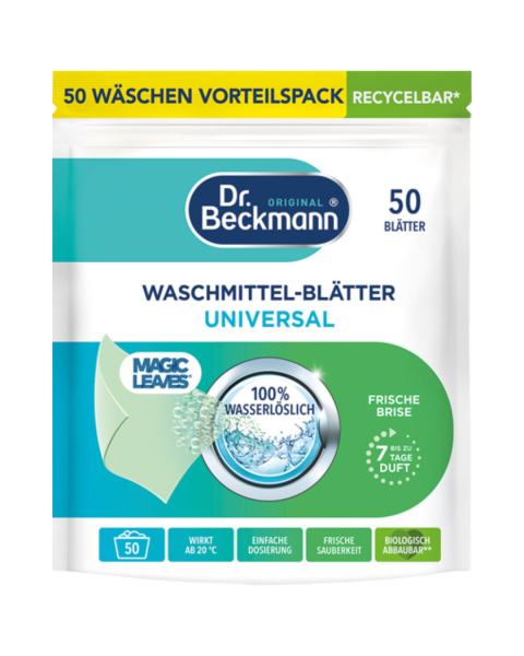 Dr. Beckmann Magic Leaves Waschmittel­ Blaetter Universal Frische Brise, 100 Prozent wasserloeslich, 200g
